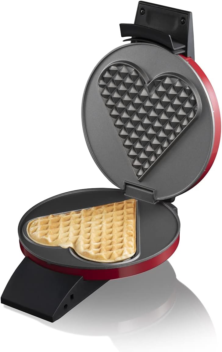 Cloer 1633V Waffle Iron, Valentine's Day, Mother's Day, for a Large Waffle Heart, Non-Stick Coating, Baking Light, Practical Stand Function, 930W, Red Painted Metal Housing