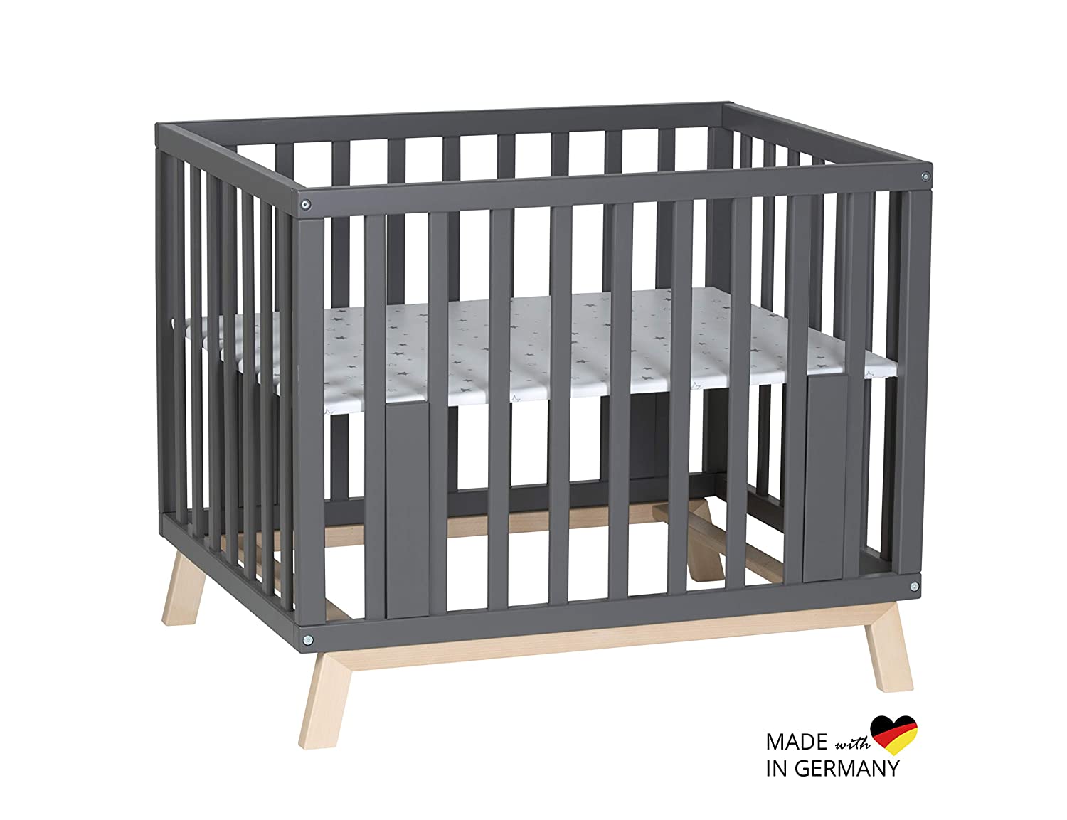 Schardt 02 050 00 88 077 Playpen Holly Anthracite / Natural Solid Beech Wood with Grey Stars Foil, Made in Germany, White
