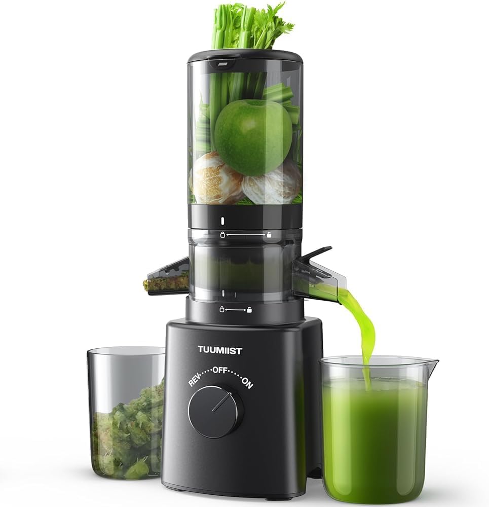 TUUMIIST Juicer Slow Juicer with 120 mm Small Filling Chute, Juicer Vegetable and Fruit Test Winner - Compact Juicer for Personal, Easy to Clean, High Juice Yield