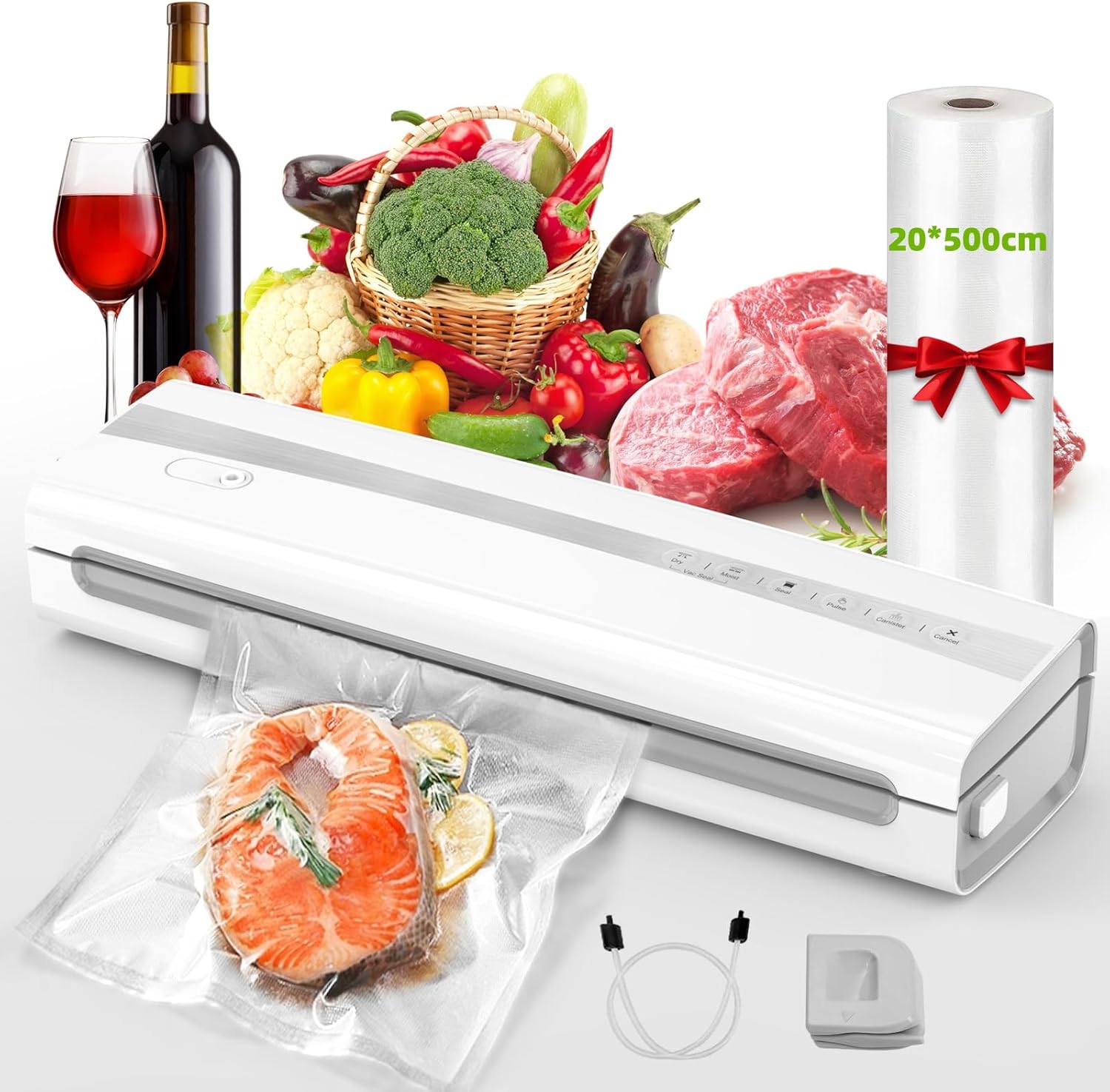 Kejector Vacuum Sealer Multifunctional Vacuum Sealer with 5 m Vacuum Roll, Bag Cutter, Vacuum Hose, Dry/Moisture Mode, Ideal for Food Preservation, Sous Vide Cooking