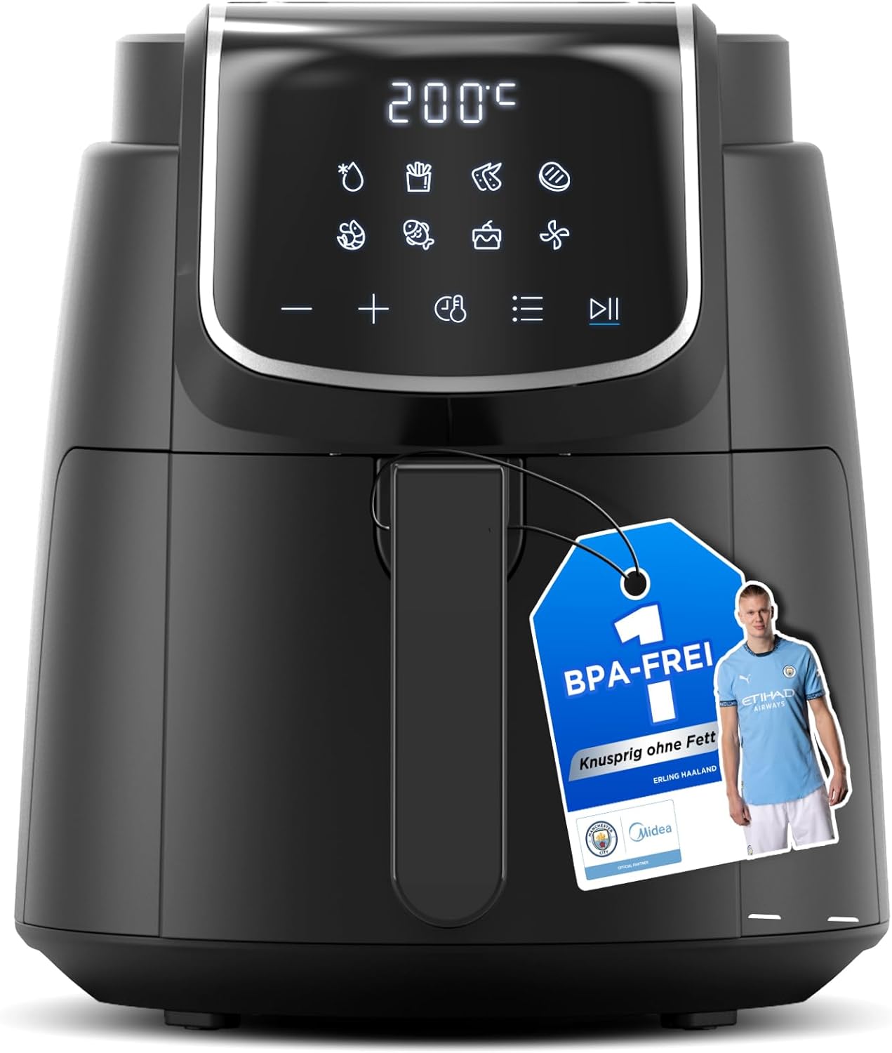 Midea AirFryer Hot Air Fryer 4L with LED Touch Screen, 35-200°C, 8 Cooking Functions, Dishwasher Safe, 41 Recipes, Baking, Grilling, Defrosting, Shake Alarm, HeatXpress Technology, 90% Less Oil