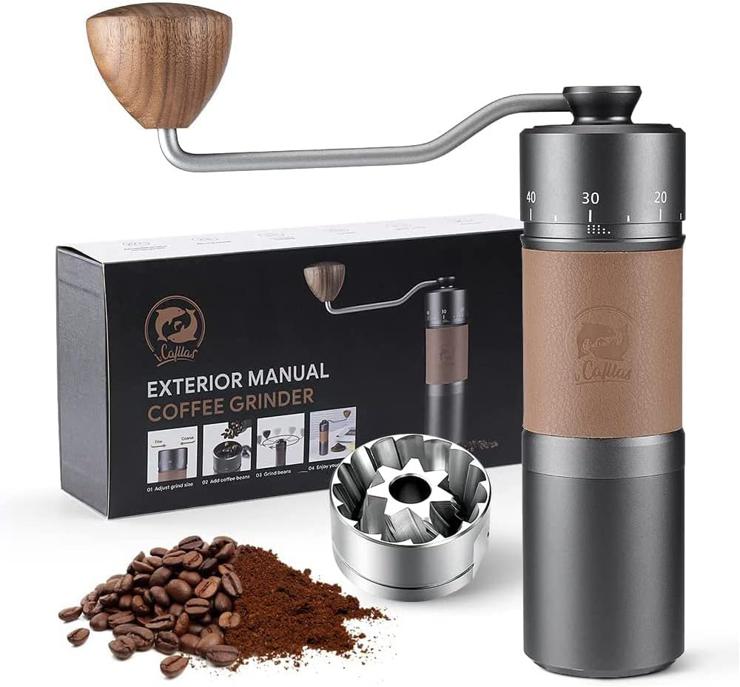i Cafilas SUS420 Burr Hand Manual Coffee Grinder with Portable Outer Grinding Adjustment Ring, Stainless Steel Conical Burr Hand Coffee Grinder, Large Capacity of 30 g, 7 Grinding Core Made of Devil Steel,