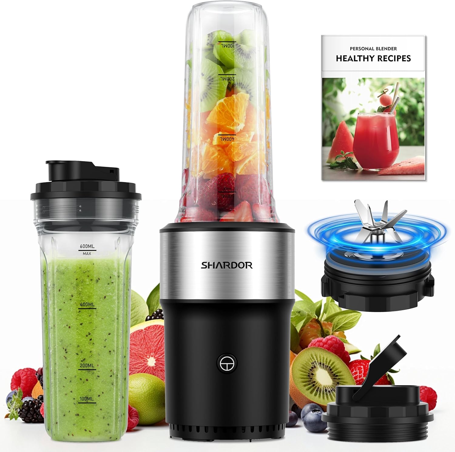 SHARDOR Smoothie Maker, 900 W, Stand Mixer with 2 x 650 ml Bottles, Mixer with Stainless Steel 6 Blades, BPA-Free, Smoothies Shakes and Juices with Recipes
