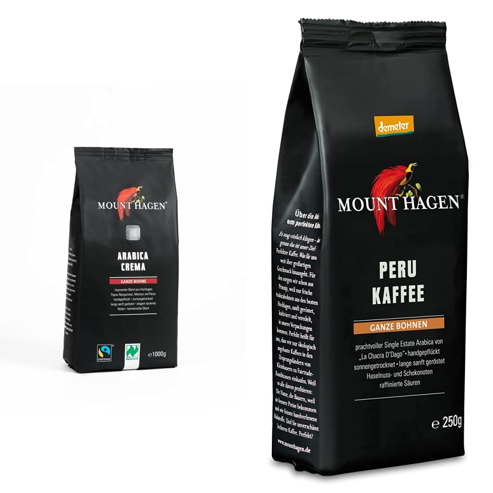 Mount Hagen Bio ft Naturland roasted coffee arabica crema, 1kg whole bean & organic demeter roasted coffee peru, 250g entire bean