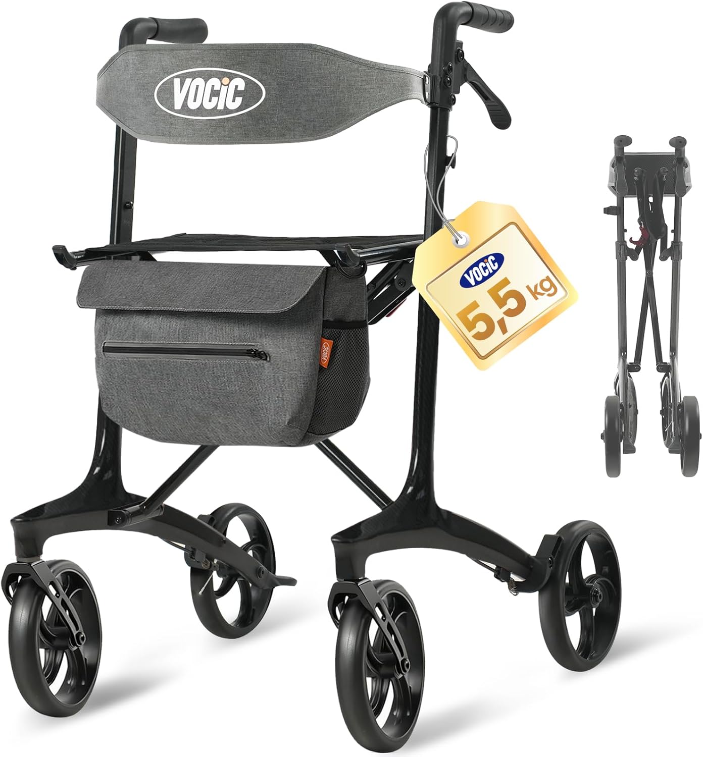 VOCIC Z75 Carbon Rollator Foldable and Lightweight with Seat, 5.5 kg Ultralight Rollator Slim for Home, Indoor & Outdoor Foldable Rollators Foldable for Seniors, Max. 136 kg, 5 Year Support, Black