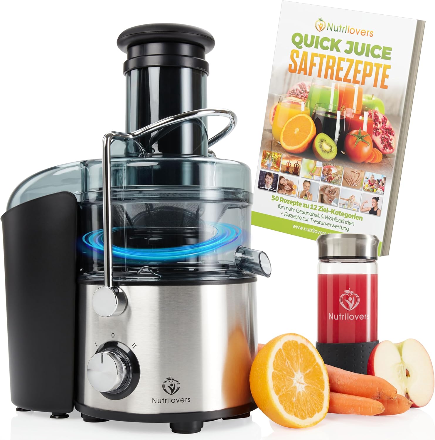 Nutrilovers QUICK-JUICER MAX Juicer Fruit and Vegetables, XXL Slot, Stainless Steel Strainer, External Pomace Container, 800 W, Includes BPA-Free Drinking Bottle + Recipe Book