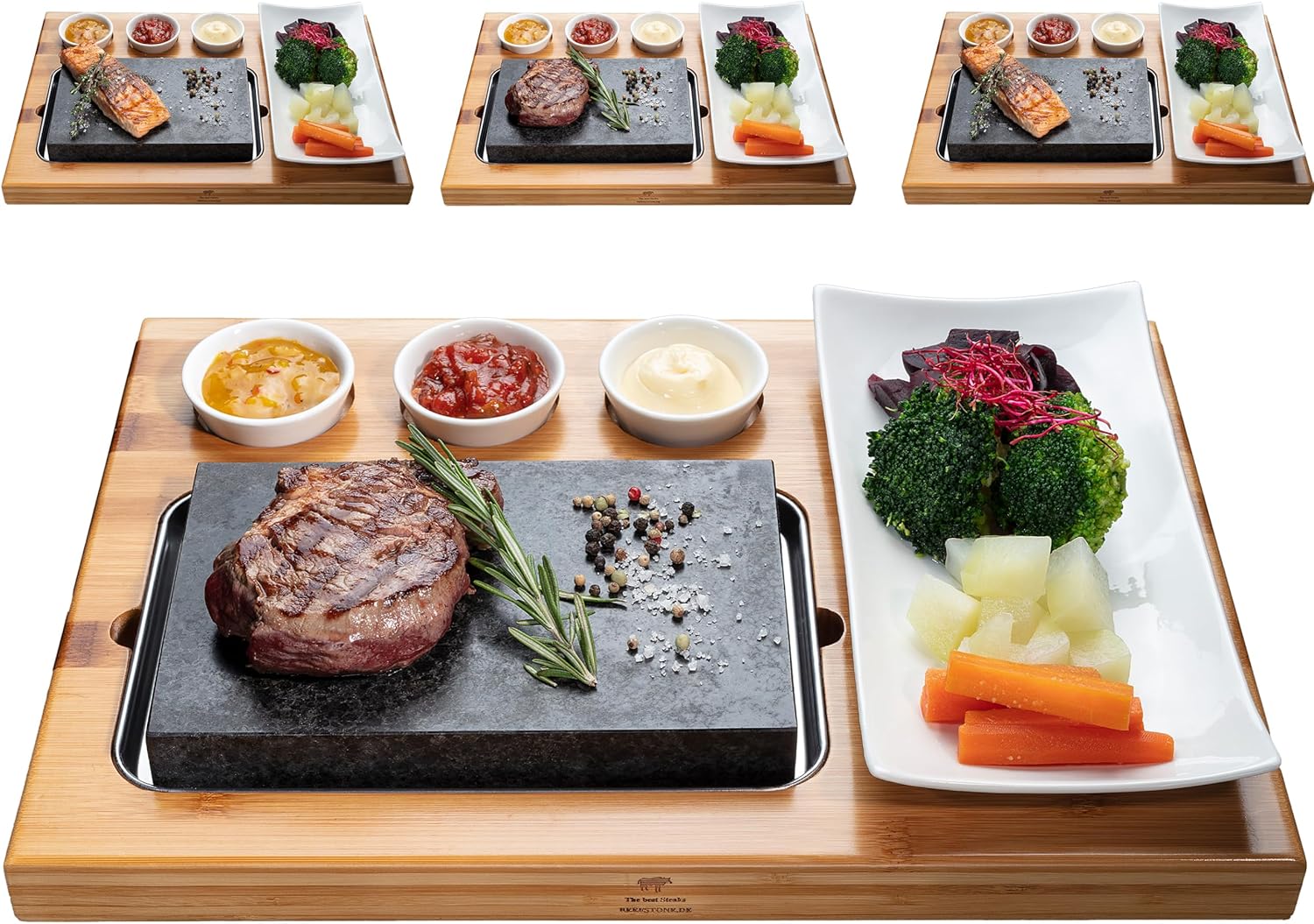 Hot Stone Lava Stone Steak Board Hot Stone Grill Set Made of Bamboo Board Lava Stone and Porcelain Plate, Meat, Fish Grilling on Hot Stone (4 x Uno)