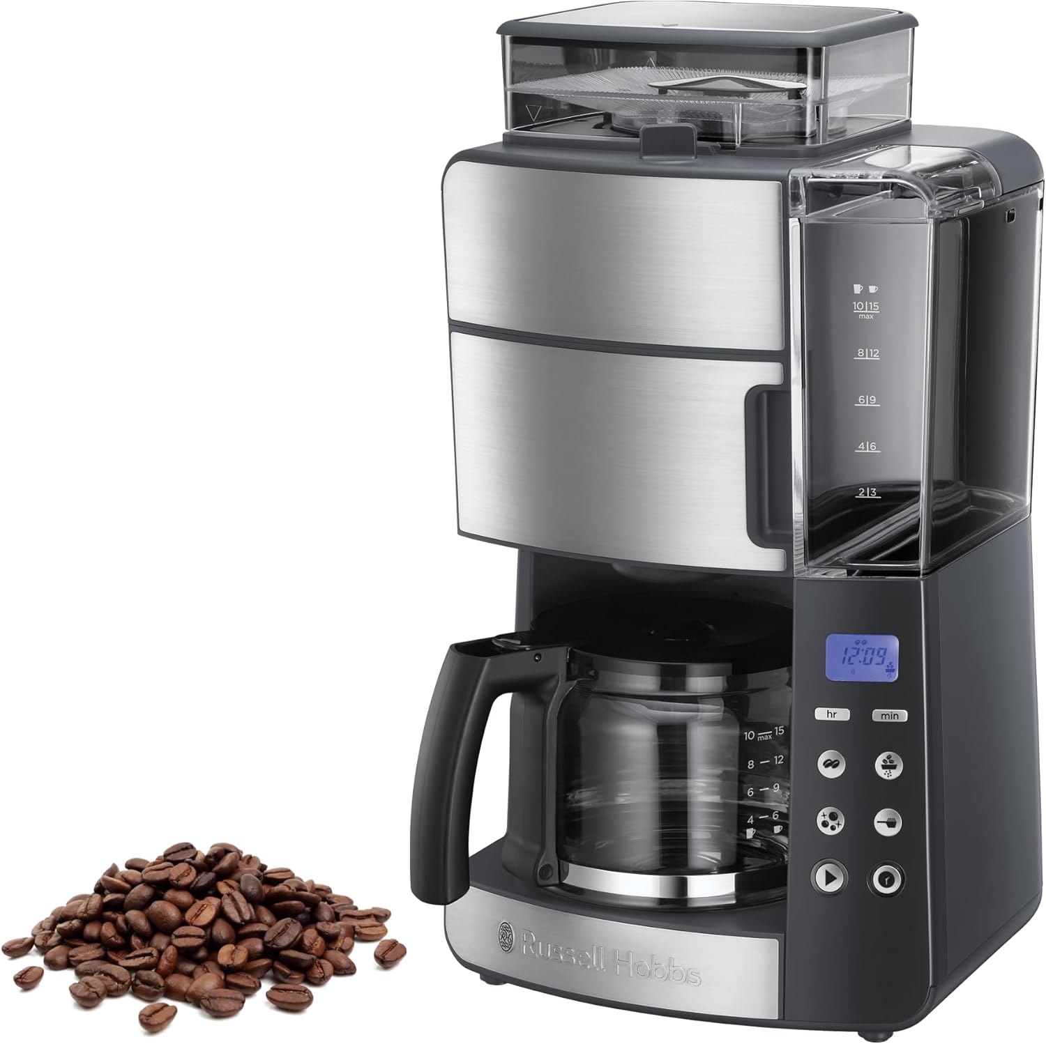 Russell Hobbs Coffee Maker with Grinder and Glass Carafe [Digital Timer, Shower Head for Optimal Extraction & Aroma] Grind&Brew (max. 10 cups, 3-stage grind setting) Filter Coffee Maker 25610-56