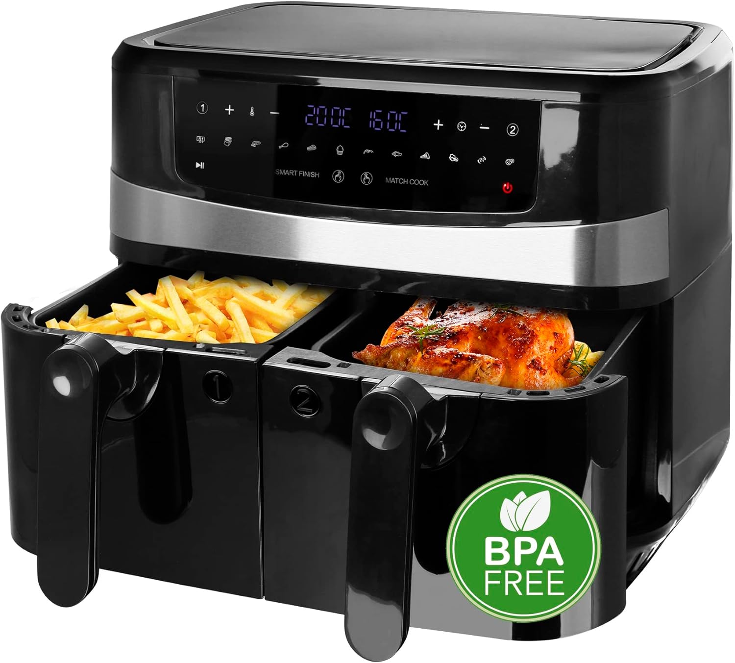 EMERIO AF-126672.4 Digital Double Hot Air Fryer AirFryer Frying with Hot Air without Oil Possible 2 x 5 L Volume 12 Programs BPA Free Smart Finish Function (Both Ready at the Same Time)