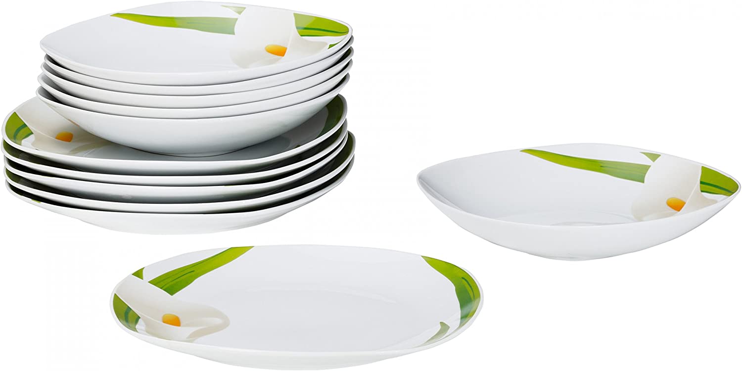 Van Well Calla Dinner Set for 6 People, Dinner Plate and Deep Soup Plate, White Blossom, Plant Decor, Elegant Porcelain Crockery, Gastro