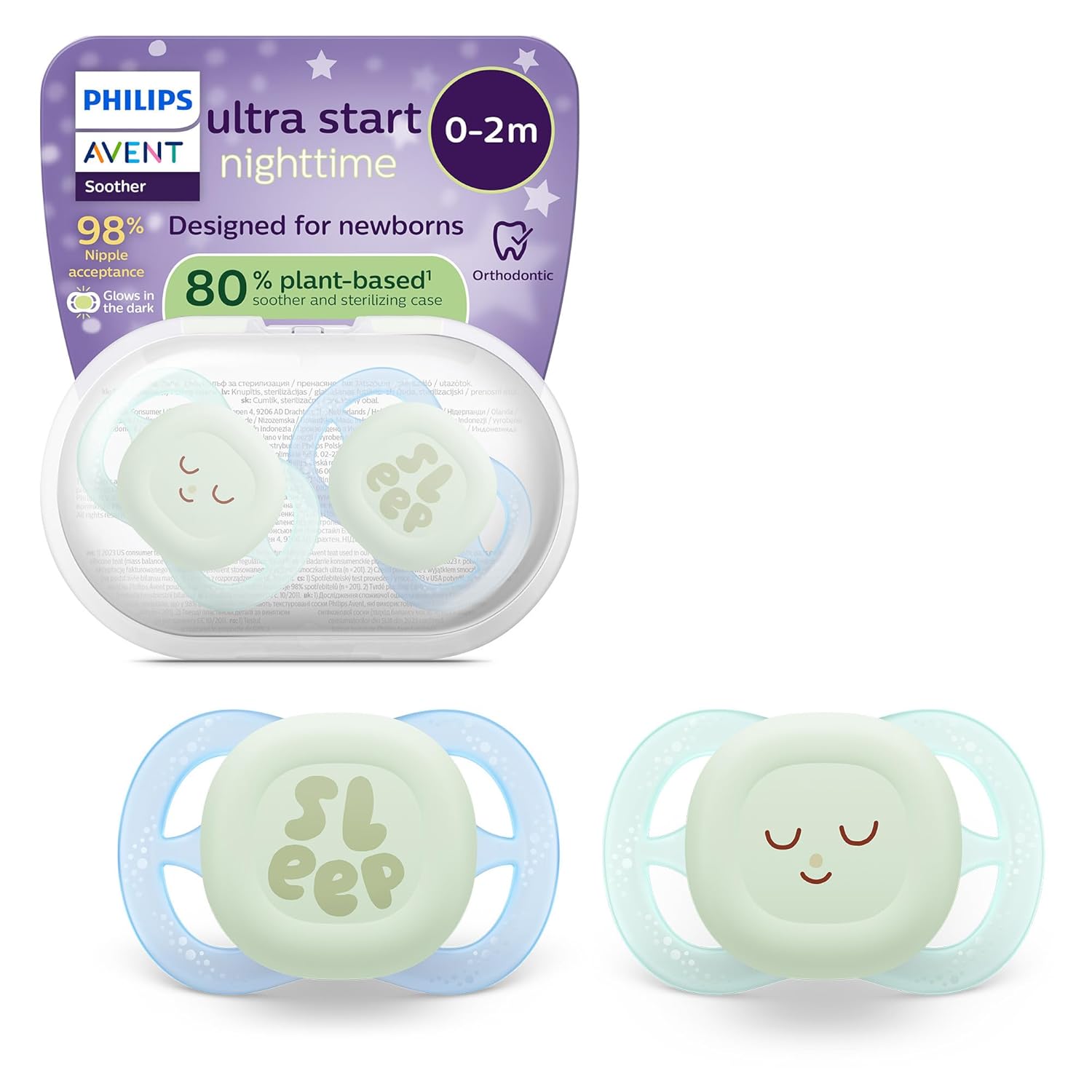 Philips AVENT Ultra Start Nighttime Soother - Orthodontic Design for Newborns, Glow in the Dark, Soft, Symmetrical Silicone Teat, BPA-Free, Pack of 2, SCF075/18