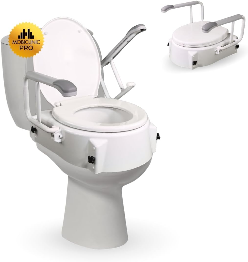 Mobiclinic Store Mobiclinic, Toilet Seat Raiser with Armrests, 17 cm, with Lid, Adjustable, Tilting, Folding Armrests, Toilet Lift for Elderly and Disabled People, Toilet Riser, White