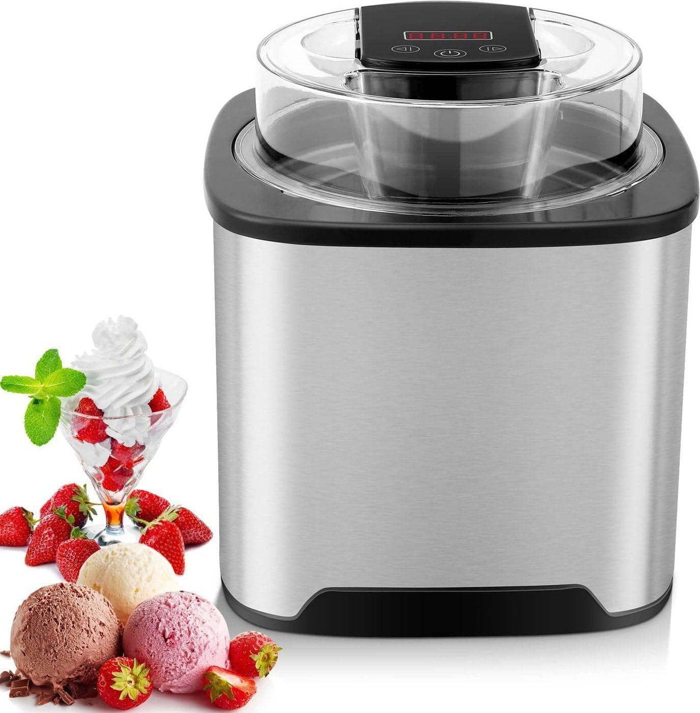 Automatic Ice Cream Maker 2L with Digital Timer 5-45 Minutes Stainless Steel Casing, Removable Parts, Small Opening for Refilling, Ice Cream, Sorbet & Yoghurt Quick Homemade
