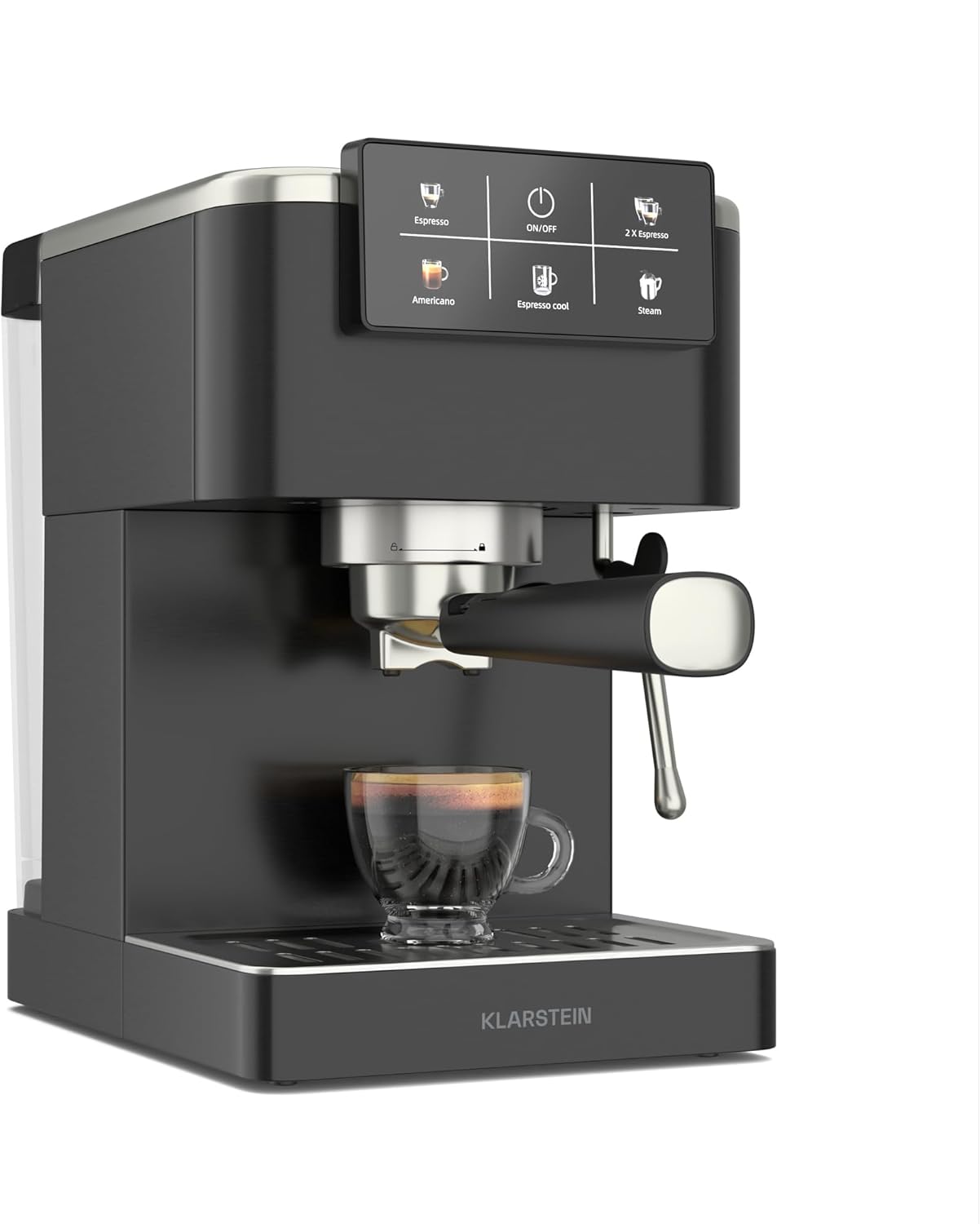 Klarstein SteelPresso Touch Portafilter Machine - 20-Bar, 1350W, Stainless Steel, 1.5L Water Tank, Touch Display, Integrated Milk Frother, Compact Design, Coffee Machine
