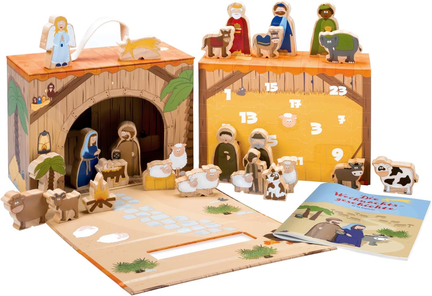 yoamo Play crib for children including Advent Calendar with 24 Wooden Figures, High-Quality Play Case and Christmas Story, 27 Pieces (1 Set)