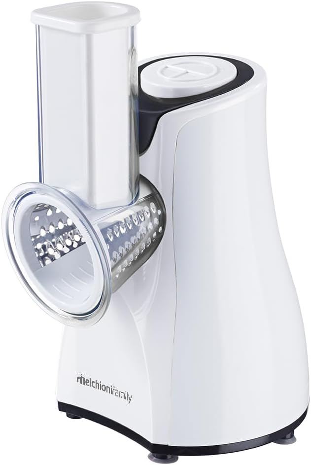Melchioni Family 118420212 Taz Electric Grater, 5 Different Interchangeable Blades, Push Button, Transparent Opening, 200 W, Steel and Plastic, White
