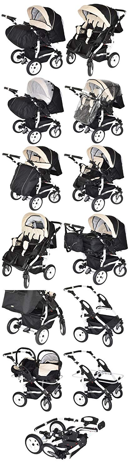 Unbekannt Adbor Duo 3-in-1 Twin Pushchair with Baby Seats - White Frame, Twin Pram / Twin Buggy Colour No. 01w Black / Orange