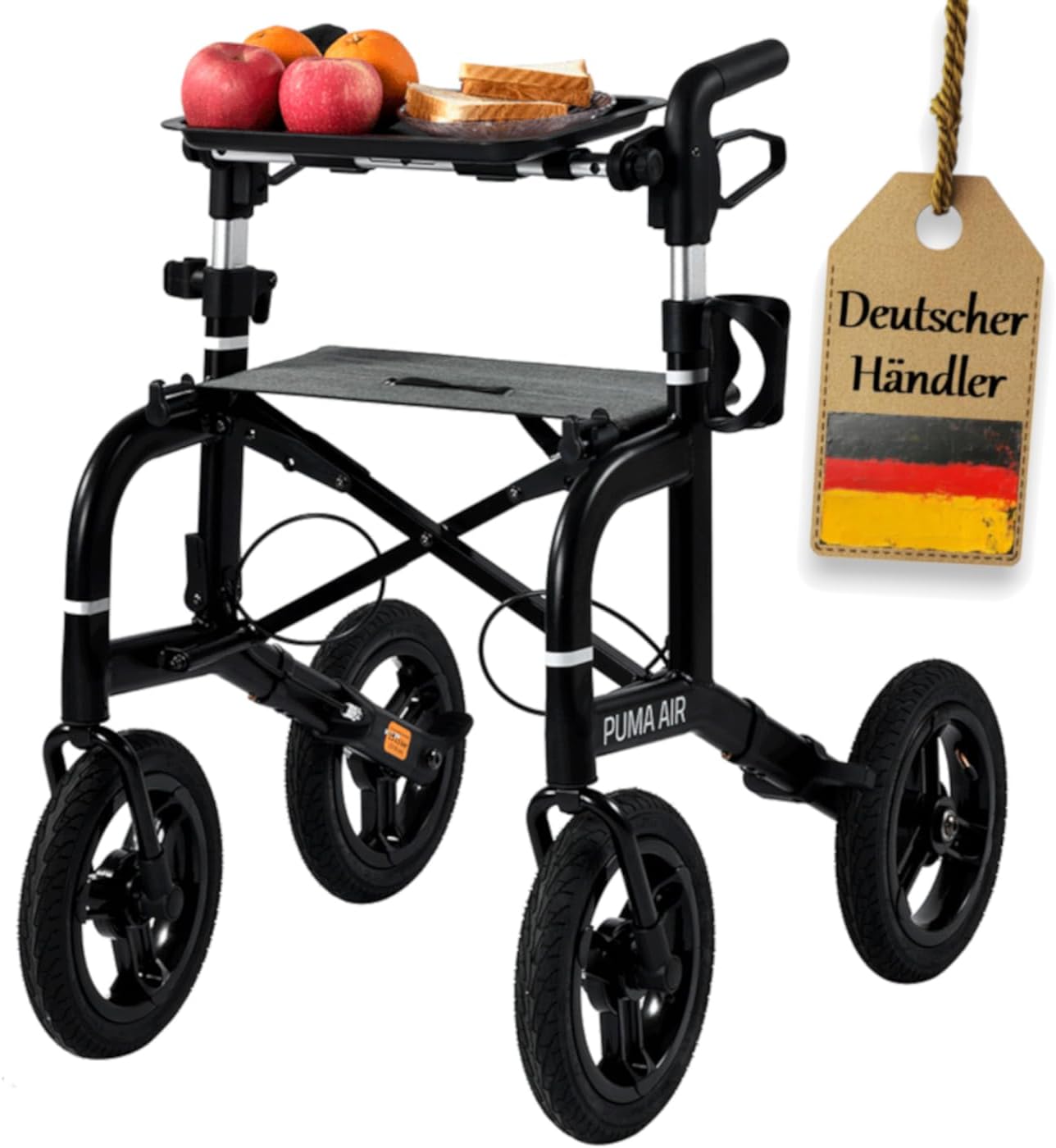 FabaCare Puma Air Outdoor Rollator with Tray, Parking Brake, Aluminium Rollator, Lightweight Rollator, Pneumatic Tyres, Foldable, Removable Bag, Back Strap, Stick Holder, Drink Holder, Matte Black
