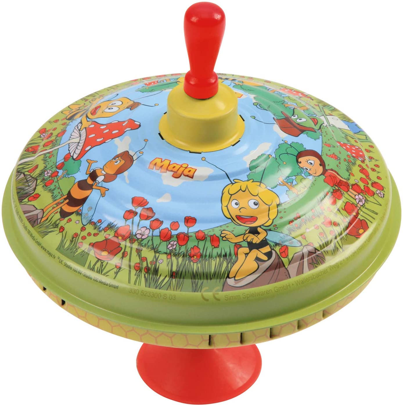 Lena tin Toys 52230 - Humming Spinning Top Maya the Bee Diameter 19 cm, Metal Flywheel Made of Sheet Metal, Classic Pump Spinning Top with Maya Motif, Spinning Top with Stand, Toy Spinning Top for Children 18M+