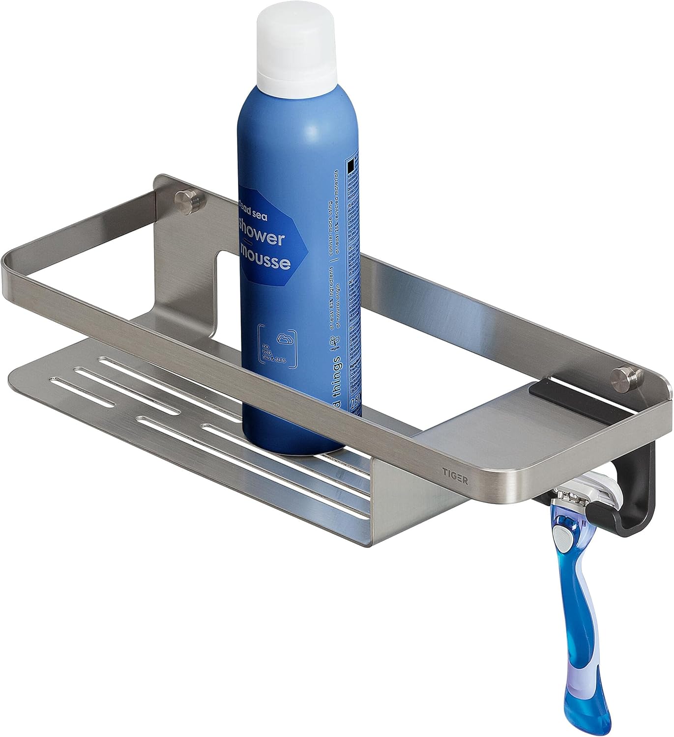 Tiger Store Tiger Caddy Shower Basket with Hooks, Stainless Steel Shower Caddy with Integrated Hook for Towel, Sponge, Razor or Squeegee, Colour: Brushed Stainless Steel, 32 x 7.2 x 10.6 cm (W x H x D)