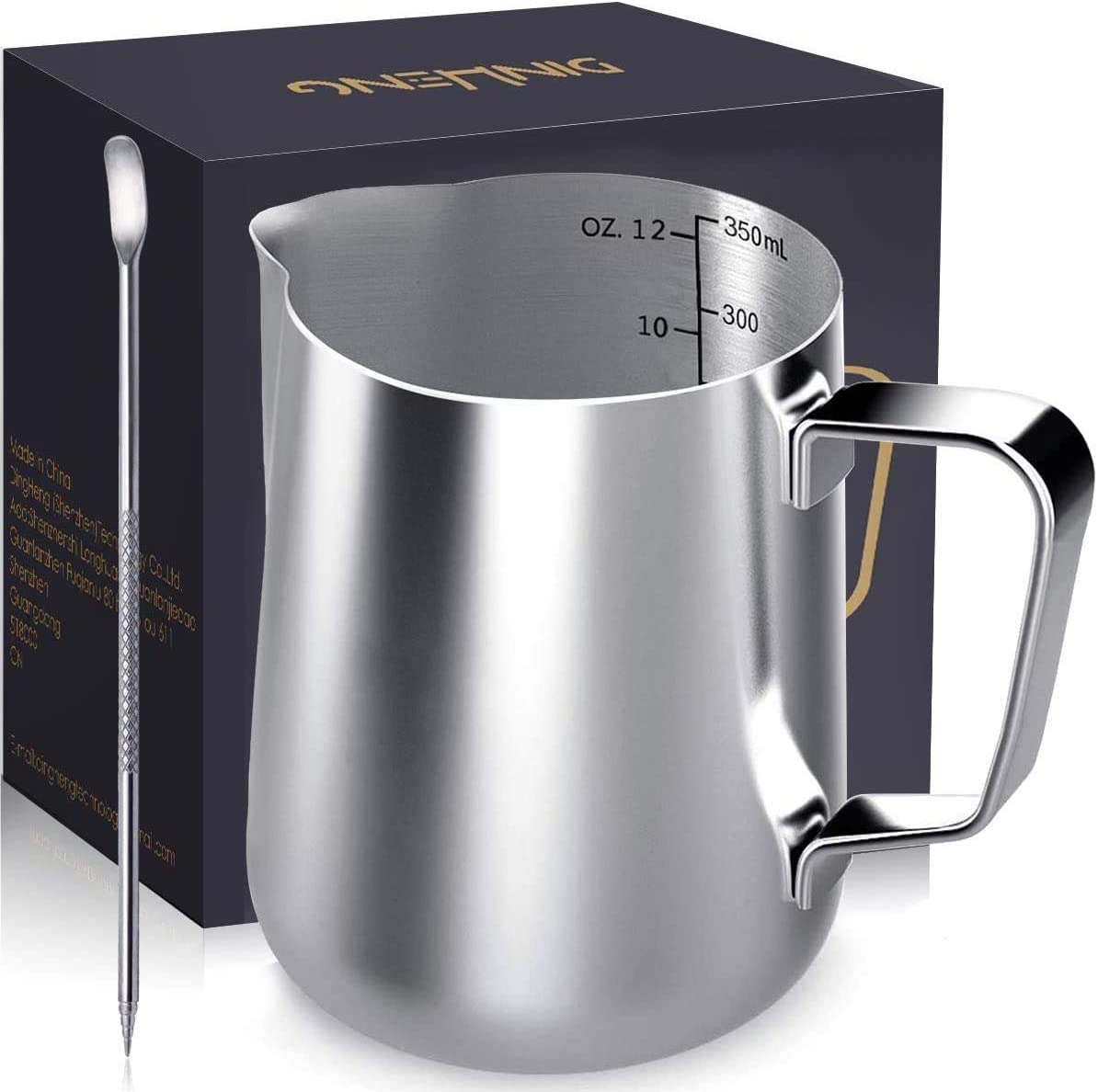 Milk Jug, Dingheng Milk Pitcher, 350 ml, 12 fl.oz. Stainless Steel Milk Jug + Latte Art Pen, Milk Frothing, Jug, Silver