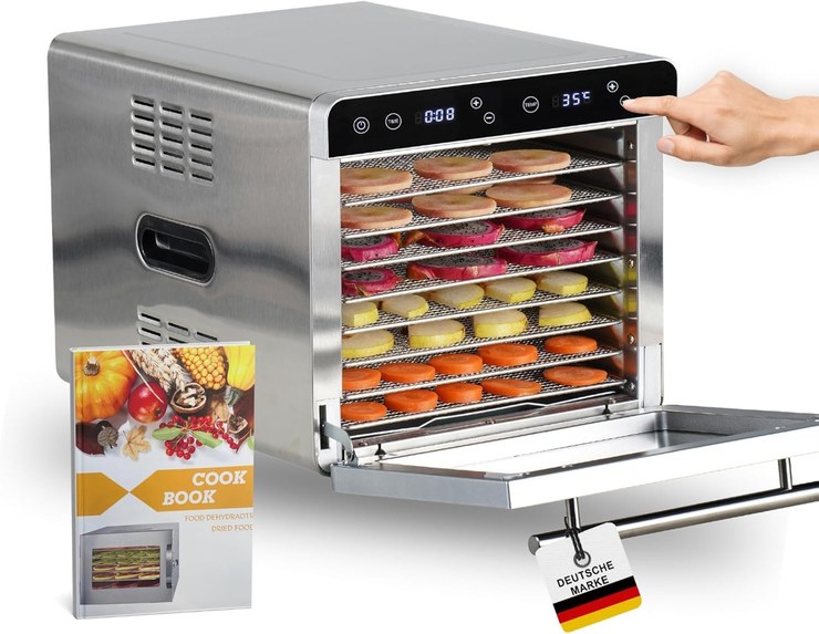 Sommertal Silence 700 XXL Dehydrator with 8 Stainless Steel Dehydrator, LED Display, 24h Timer, Temperature Setting from (35°C - 85°C), Includes Cookbook, Professional Dehydrator, 700W Dehydrator