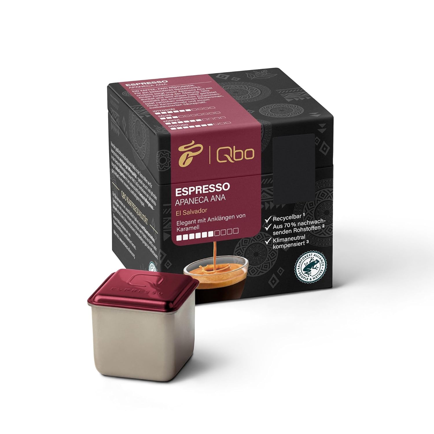 Tchibo Qbo Espresso Apaneca Ana Premium Coffee Capsules, Pack of 8 (Espresso, Intensity 5/10, Elegant with Caramel Note), Sustainable, Made from 70% Renewable Raw Materials & Climate Neutral