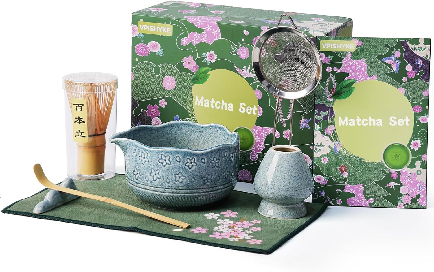 Premium Matcha Set - Matcha Tea Set 7-Piece Traditional Tea Set with Bamboo Whisk, Bowl, Strainer & Accessories - Perfect for Matcha Lovers (Dark Blue)