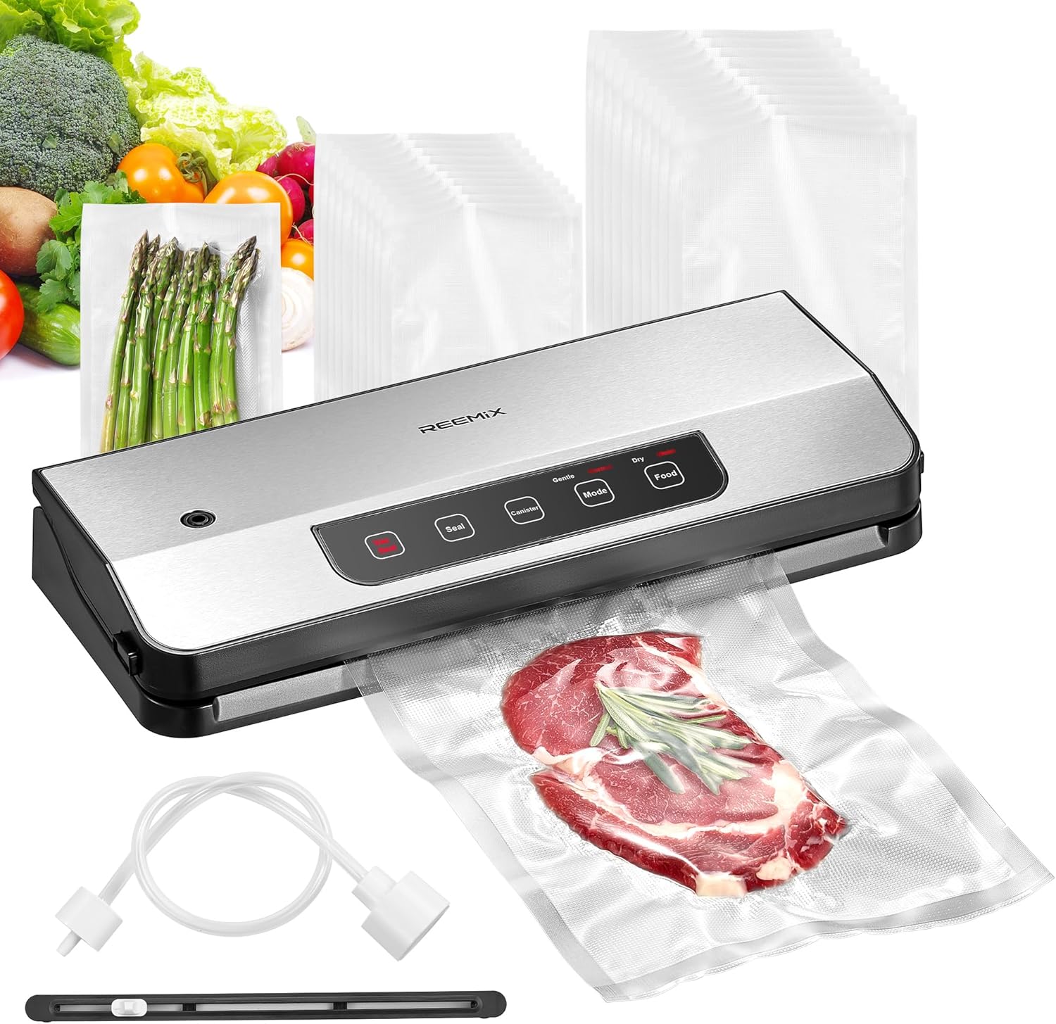 Reemix 8-in-1 Food Vacuum Sealer with 65 KPA Strong Suction Power, Vacuum Device with Built-in Cutter, 20 Vacuum Bags & Accessory Hose