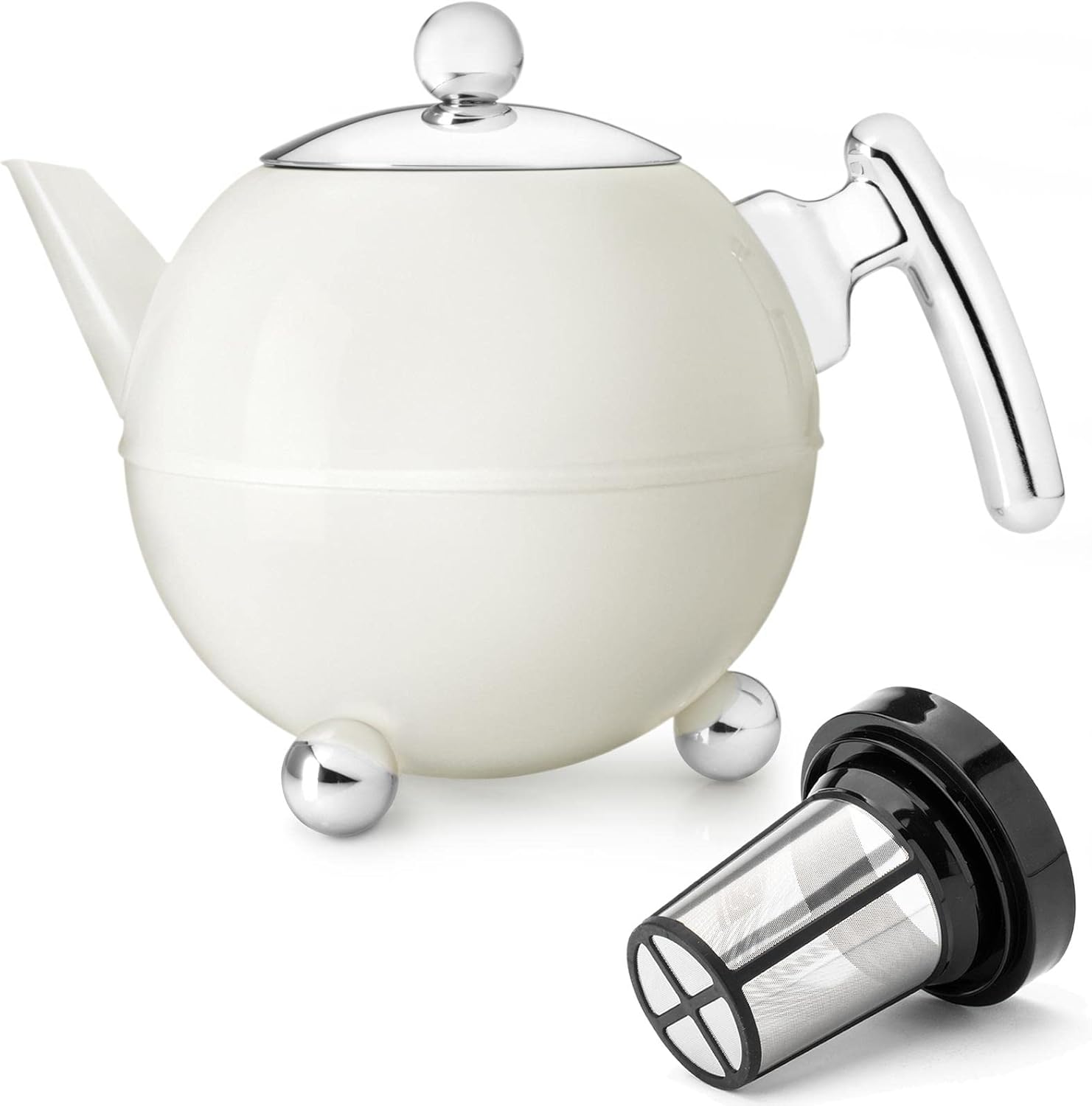 Bredemeijer Bella Ronde Stainless Steel Teapot Set 1.2 L - Large Double-Walled Stainless Steel Jug in Ball Shape with Feet, Cream White - with Tea Filter Strainer Attachment for Loose and Leaf Tea