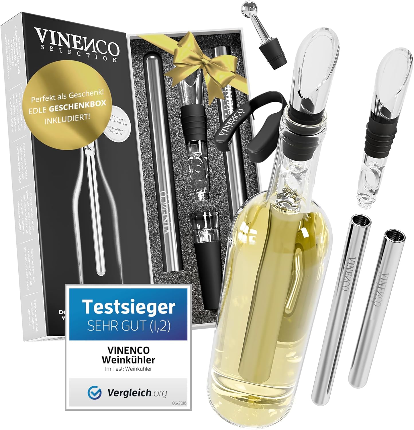VINENCO The Original Wine Cooler Set, Bottle Cooler + Decanter 7-in-1 Premium Wine Accessories: Stainless Steel Bottle Wine Cooling Rod + Decanter Aerator + Pourer | Bar Gift Women Men Red / White