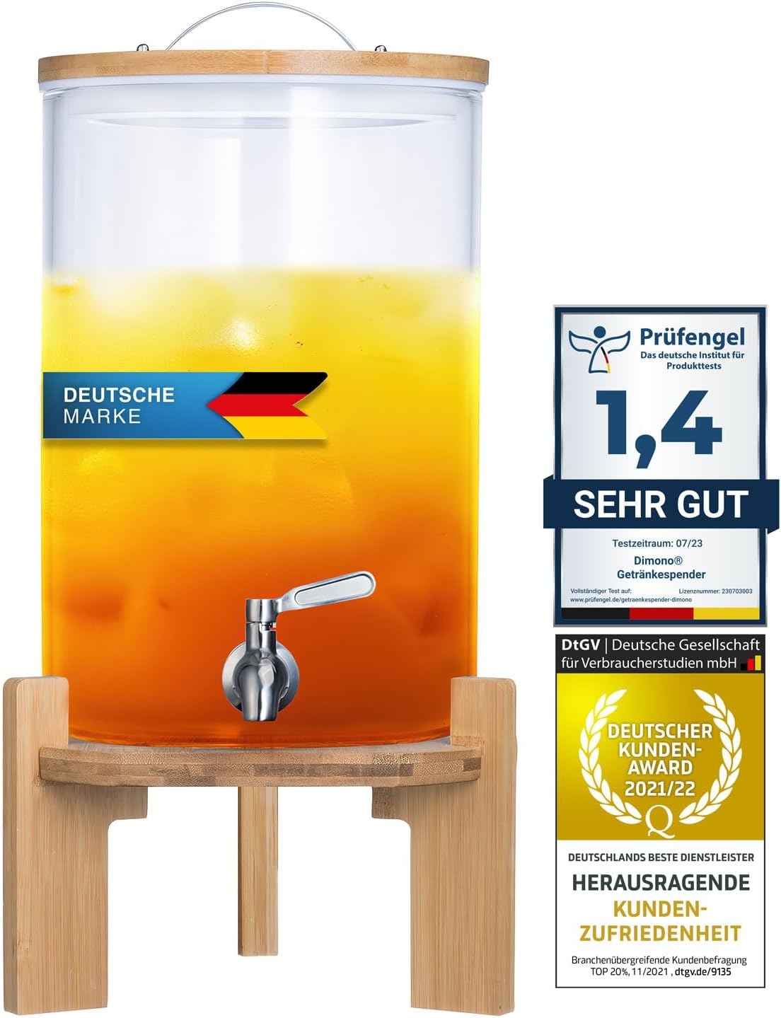Drinks Dispenser with Stainless Steel Drip-Proof Tap, Glass Water Dispenser with Bamboo Stand and Lid, Lemonade Dispenser Made of Heat-Resistant Borosilicate Glass