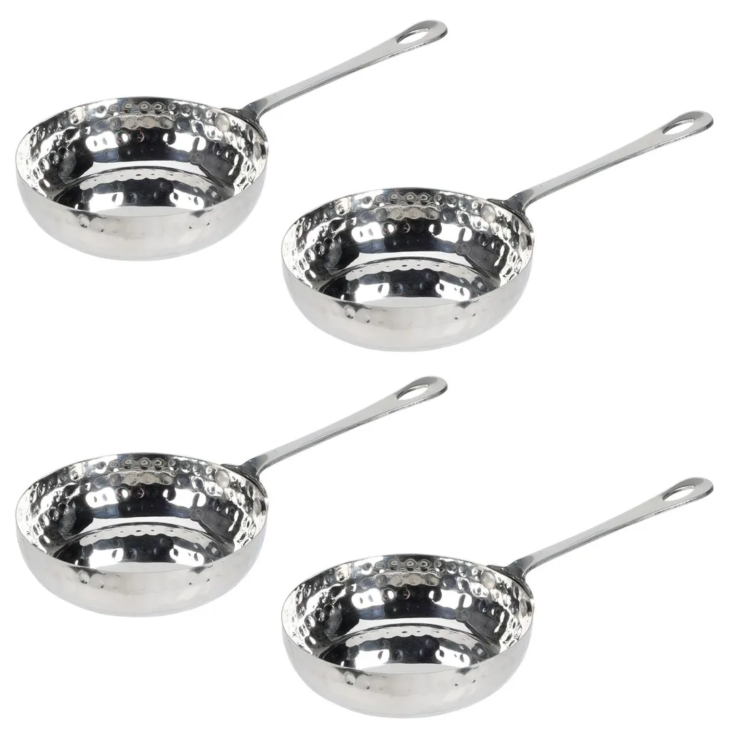 HAC24 Set of 4 stainless steel mini frying pans, hammered finish, with handle, ø 11 cm, capacity 260 ml, serving pan