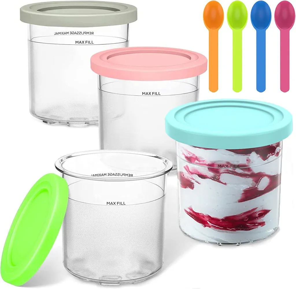 WOHNSTIL 4-piece set of ice cream containers and lids for Ninja ice cream maker NC299AMZ & NC300s, ice cream storage containers, with spoon