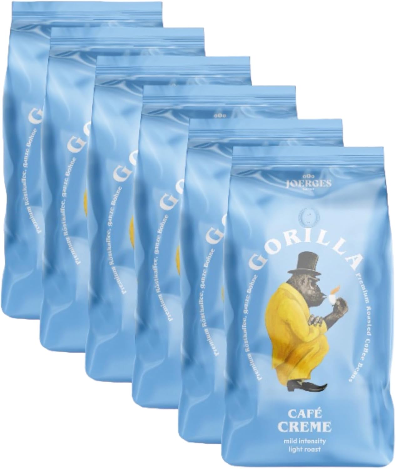 Joerges Gorilla Café Cream 6 x 1000 g 100% Traditional Arabica Beans Ideal Fully Automatic Crema Harmonic Aroma Low Caffeine Content Light Roasting Storage Pack