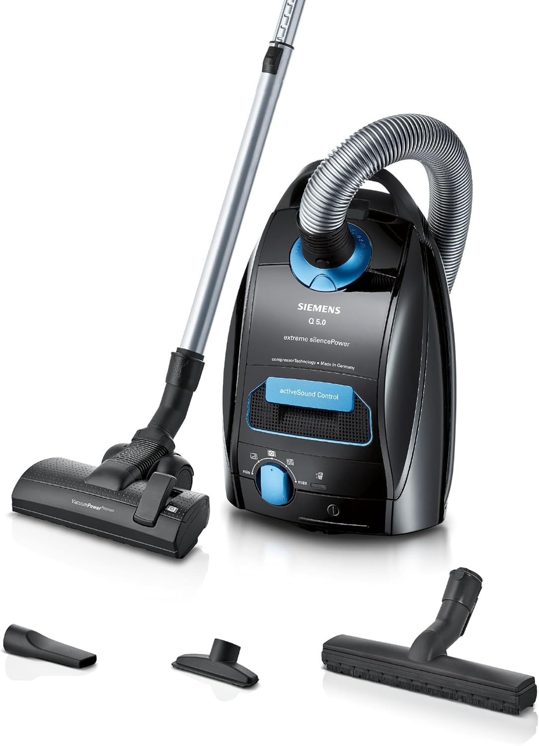 Siemens Vacuum Cleaner with Bag Q5.0 Extreme SilencePower VSQ5X1232, for Allergy Sufferers, Hygiene Filter, Strong Suction Power on Parquet, Carpet and Tiles, Long Cable, Made in Germany, 850 W, Black