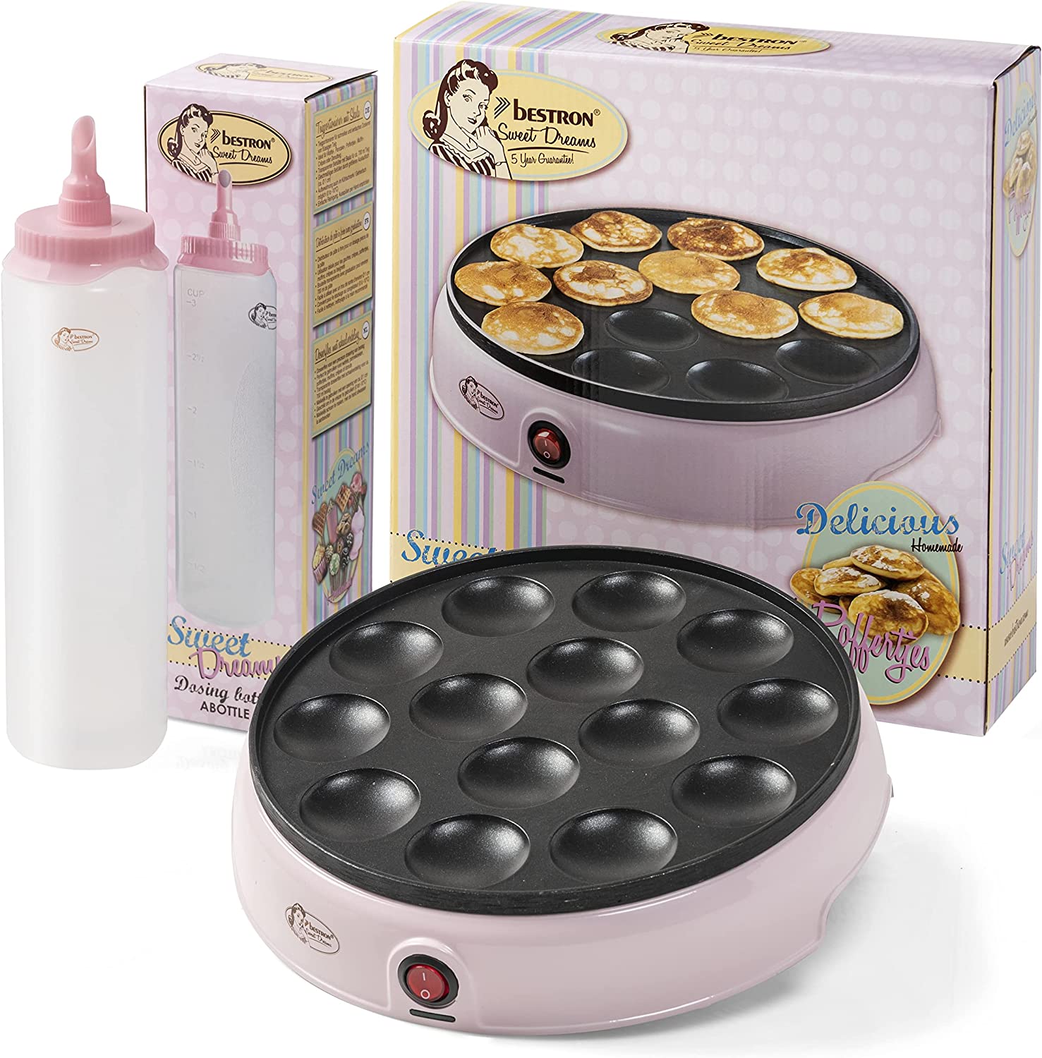 Bestron Poffertjesmaker Value Pack Including Dough Bottle 700 ml Ideal for festive, Easter or Children\'s Birthday Parties, Retro Design, 800 Watt, Pink