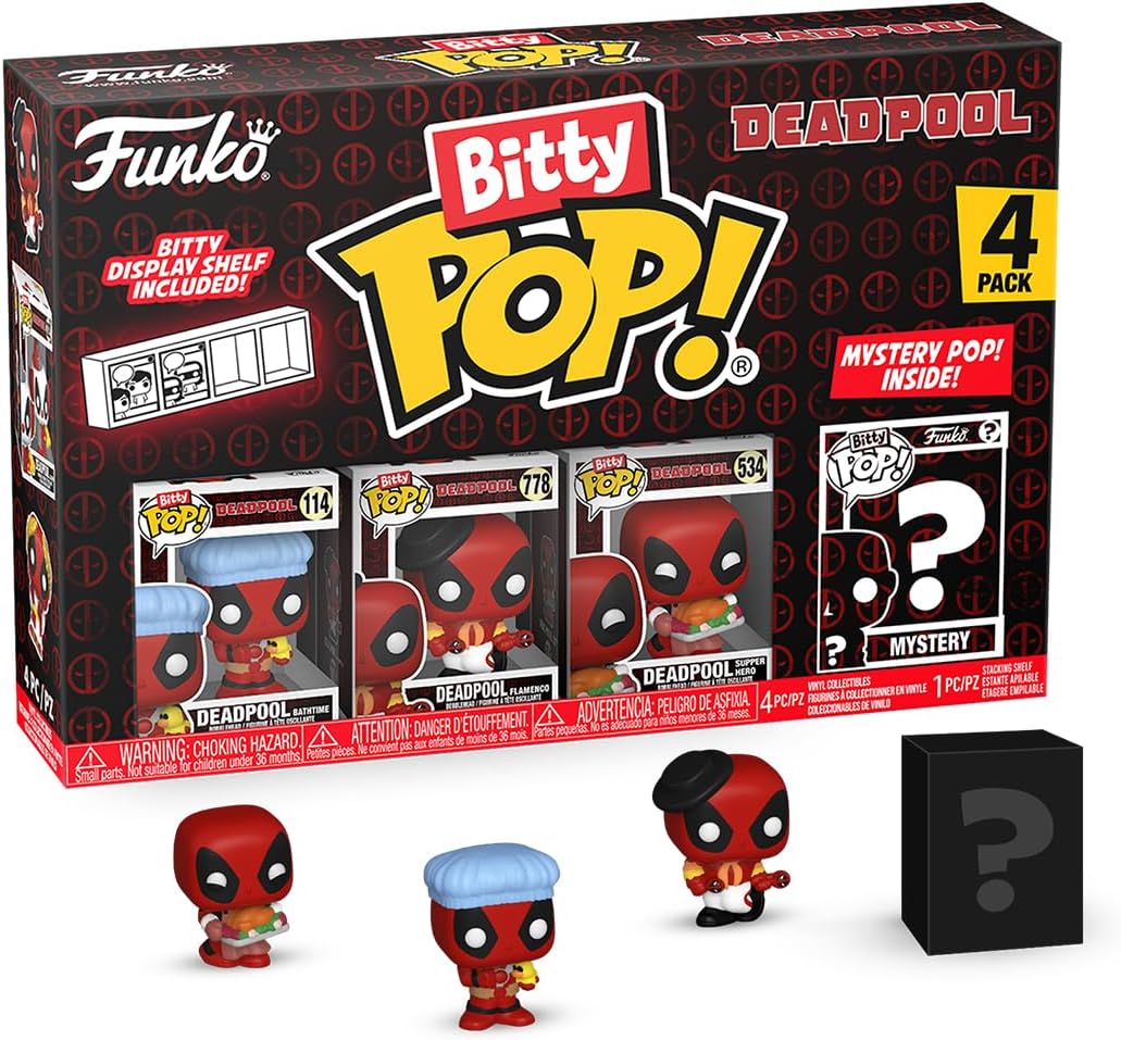 Funko Bitty Pop! Deadpool (Bathtime), Bitty Pop! Deadpool (Flamenco), Bitty Pop! Deadpool (Supper Hero) and a surprise mini figure - 0.9 inch (2.2 cm) - gift idea