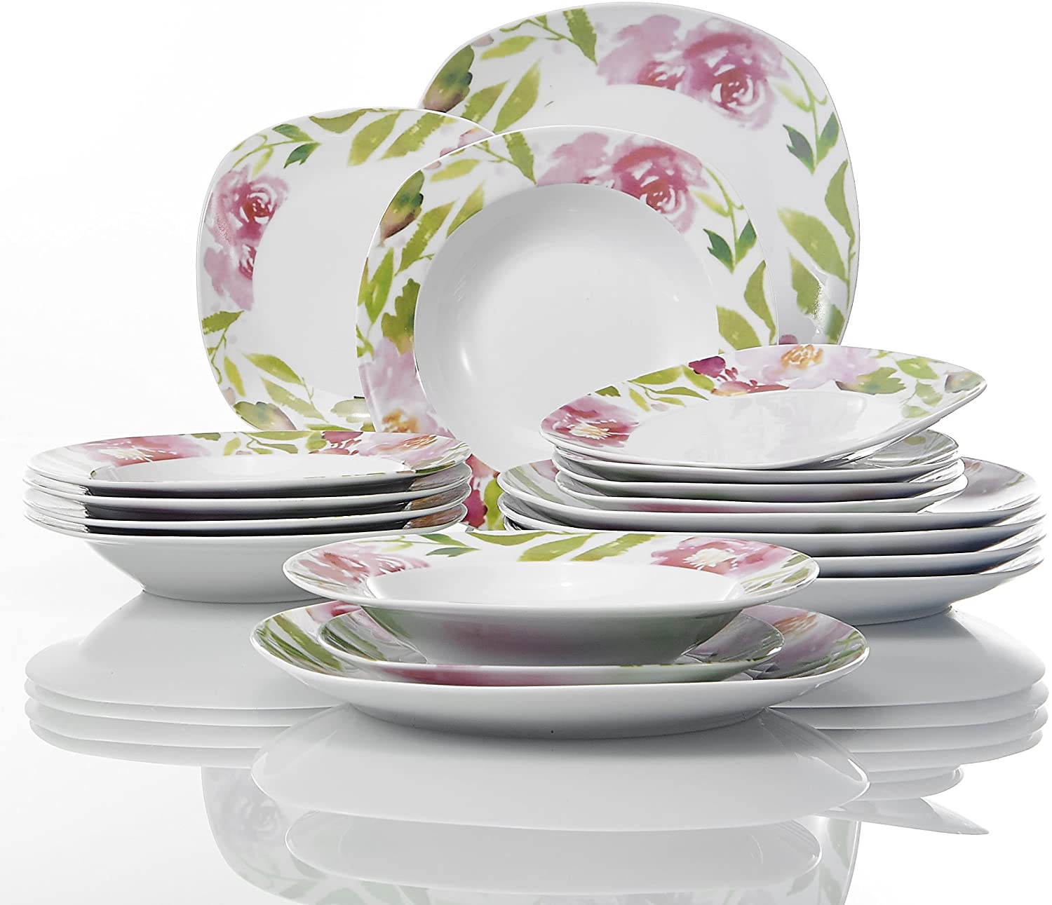 VEWEET Ashley Porcelain Dinner Service 18 Pieces Plate Set for 6 People Each with 6 Dessert Plates, Deep Plates and Flat Plates