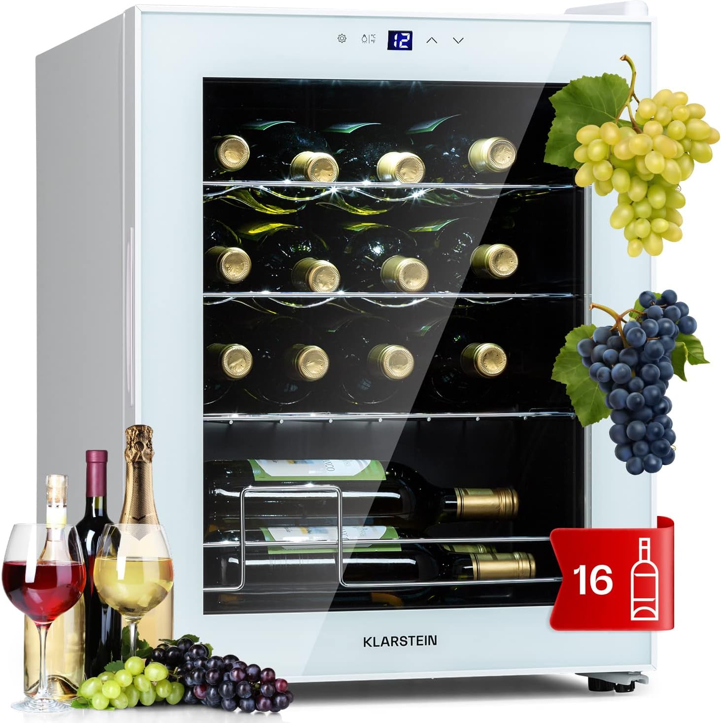 Klarstein Shiraz Wine Fridge Freestanding, Small Drinks Fridge for Wine, Prosecco & Beer, 1 Zone Wine Fridge with Glass Door & Touch Control Panel, Small Refrigerator, 5-18°C, 16 Bottles