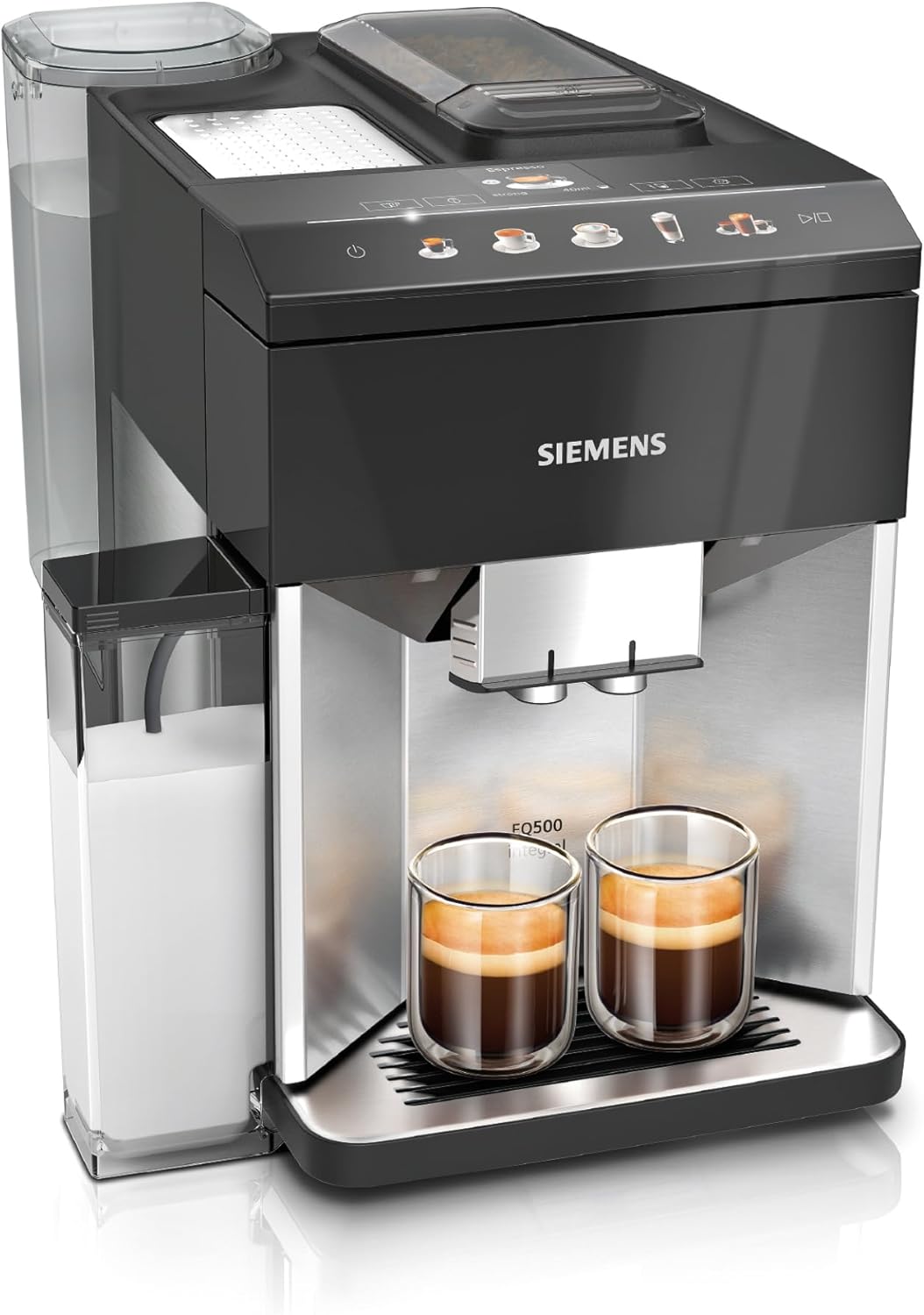 Siemens Fully Automatic Coffee Machine EQ500 Integral, Coloured TFT Display, 9 Coffee and Milk Drinks, Double Cup Function, Cup Warmer, Removable Brewing Unit, Stainless Steel, Black, TQ517D03