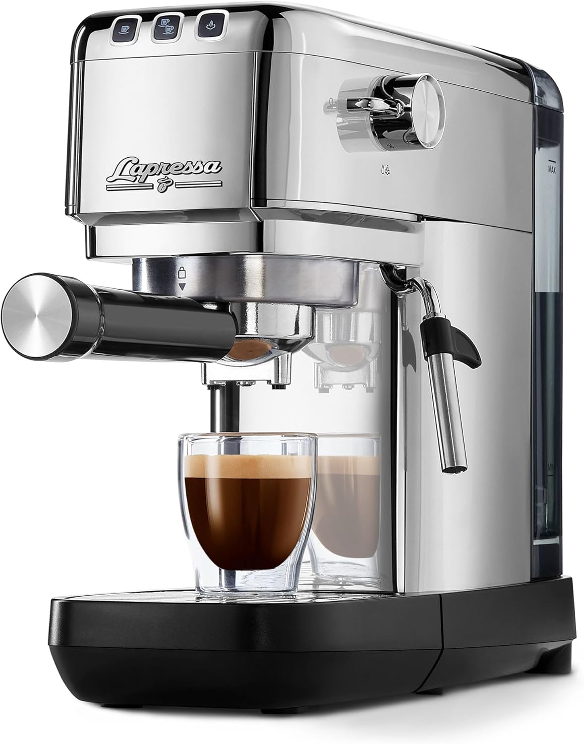 Tchibo Lapressa Portafilter Espresso Machine (15 Bar, 980 ml Water Tank), Pre-Infusion Technology, with 2 Cup Function and Milk Foam Nozzle, Includes Two Double-Walled Sieves (Silver)