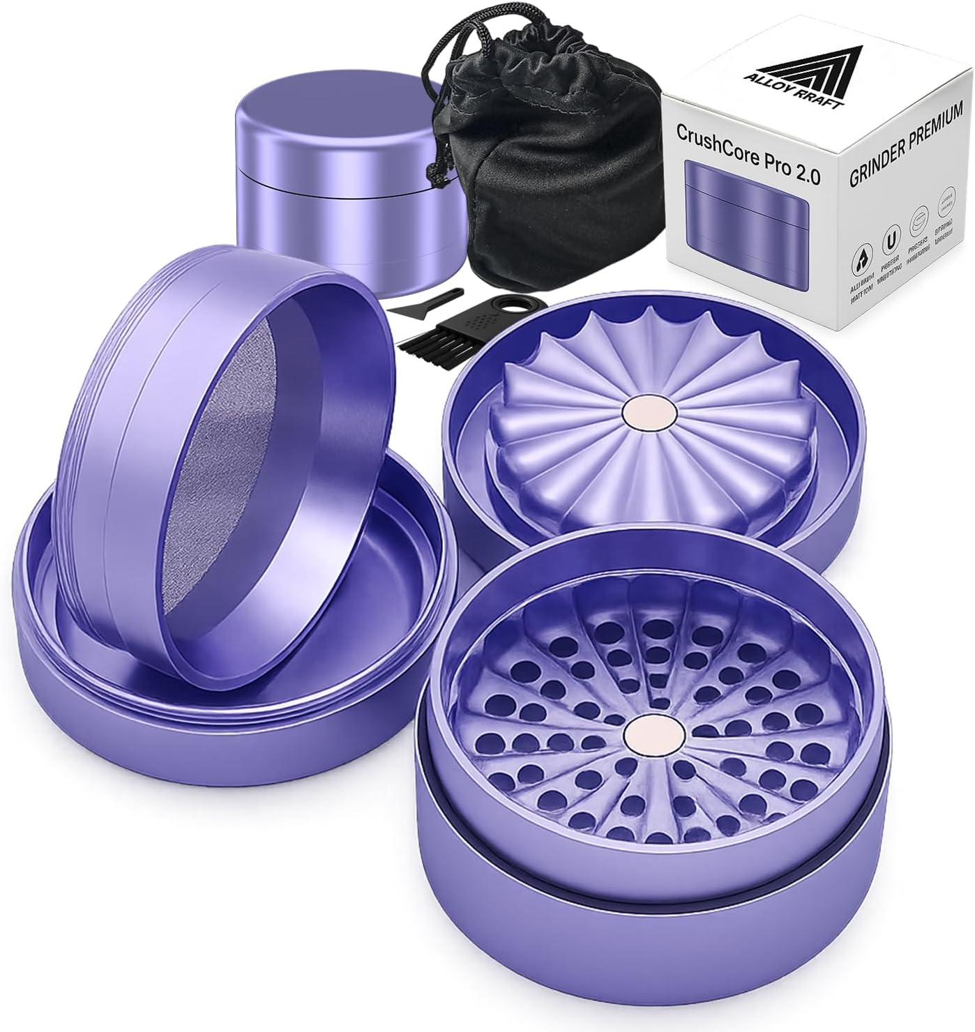 Alloy Kraft Toothless Premium Crush Core Pro 2.0 Grinder | Patented Crusher Made of Anodized Aluminum | 63 mm Herb Mill with 4-Piece Structure for Dry Herbs & Spices