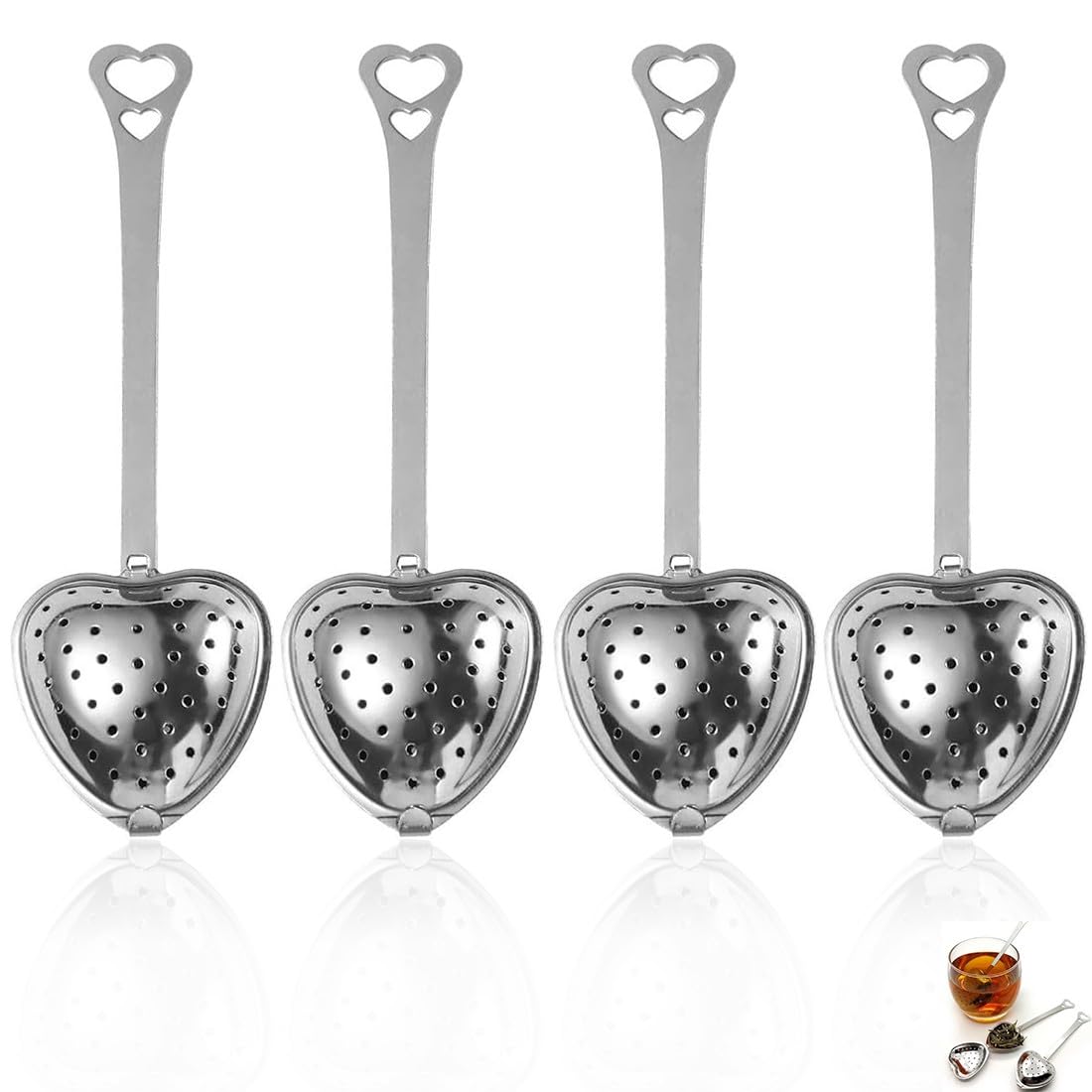 Set of 4 Stainless Steel Tea Strainer Stainless Steel Heart-Shaped Tea Strainer Ball with Handle Brewing Spoon Tea Infuser Strainer Tea Infuser for Loose Leak Tea Set Tea Brewing Device Tea