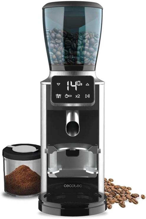 Cecotec Electric Coffee Grinder SteelMill Touch. 200W, stainless steel finish, touch panel and 30 grinding levels, container for 300g coffee beans with lid and 200g coffee powder.
