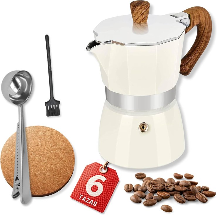 GD SANE Italian Coffee Maker, 6 Cups, Elegance and Taste in Every Drop, Complete Set with Cork Stand, Spoon Tongs and Brush, Italian Aluminum Coffee Maker, Not for