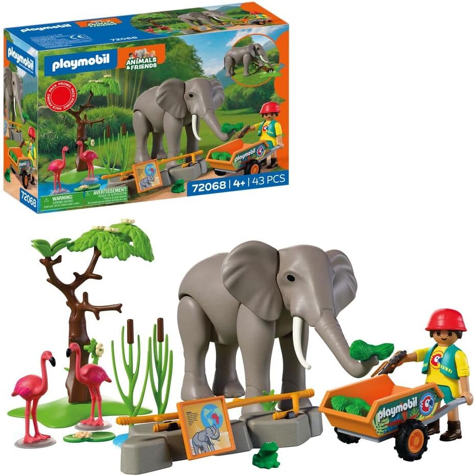 PLAYMOBIL Animal & Friends Elephant with Animal Groomer, Zoo Toy Set with 4 Animals & Enclosure Accessories, for Children from 4 Years, 72068