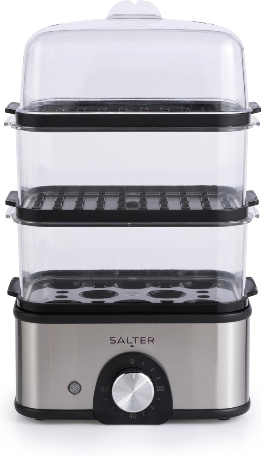 Salter Compact 3-stage steamer - multi-cooker, 3 steamer baskets, electric egg cooker, capacity for 8 eggs, vegetable steamer, 60 minute timer, 3 L, simultaneous cooking, 500 W
