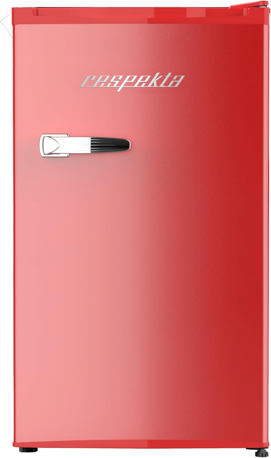 Respekta Retro Fridge / 92 L Cooling Volume / Cold Storage Zone / Height-Adjustable Feet / Side Bottle Opener / Aluminium Handle / E/Red / KG83R-52