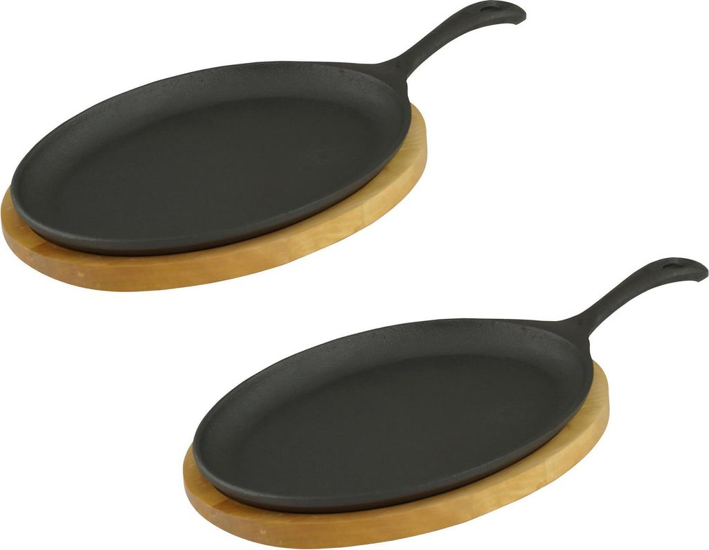 GVKECO 4x serving pan with wooden trivet, oval, 24 x 17 x 2 cm, cast iron